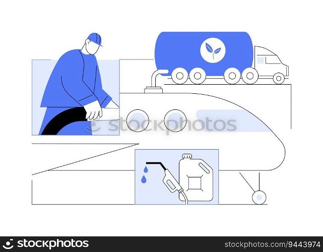 Sustainable aviation fuel abstract concept vector illustration. Plane charging with renewable fuel, ecological environment, sustainable energy, eco-friendly filling station abstract metaphor.. Sustainable aviation fuel abstract concept vector illustration.