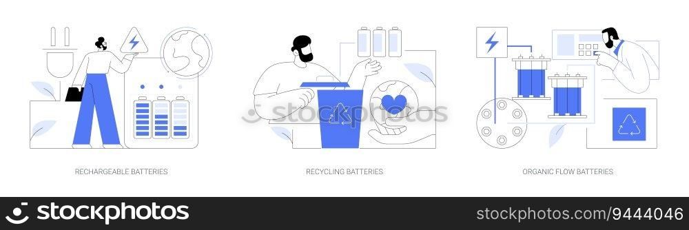 Sustainable batteries abstract concept vector illustration set. Eco-friendly rechargeable batteries, box for recycling, organic flow energy source, power adapter, sustainable energy abstract metaphor.. Sustainable batteries abstract concept vector illustrations.