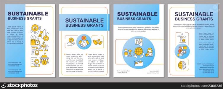 Sustainable business grants blue brochure template. Eco-friendly work. Leaflet design with linear icons. 4 vector layouts for presentation, annual reports. Arial, Myriad Pro-Regular fonts used. Sustainable business grants blue brochure template