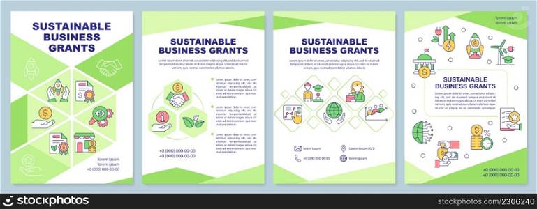 Sustainable business grants green brochure template. Eco-friendly work. Leaflet design with linear icons. 4 vector layouts for presentation, annual reports. Arial-Black, Myriad Pro-Regular fonts used. Sustainable business grants green brochure template
