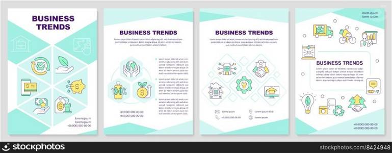 Sustainable business trends turquoise brochure template. Leaflet design with linear icons. Editable 4 vector layouts for presentation, annual reports. Arial-Black, Myriad Pro-Regular fonts used. Sustainable business trends turquoise brochure template