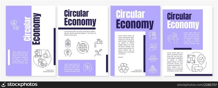 Sustainable circular economy purple brochure template. Waste management. Leaflet design with linear icons. 4 vector layouts for presentation, annual reports. Anton, Lato-Regular fonts used. Sustainable circular economy purple brochure template