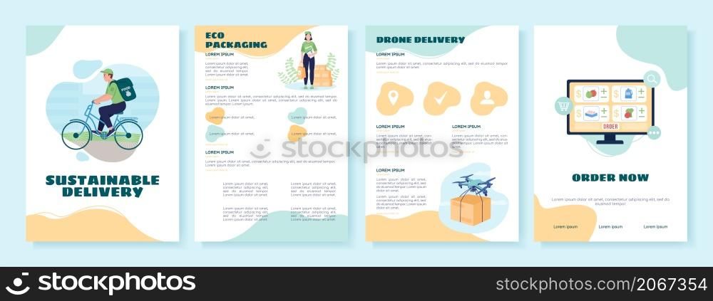 Sustainable delivery flat vector brochure template. Eco package. Flyer, booklet printable design with flat illustrations. Magazine page, reports with text space. Sniglet, Comfortaa fonts used. Sustainable delivery flat vector brochure template