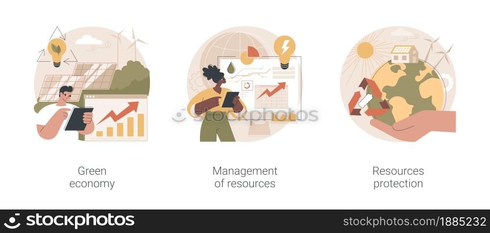 Sustainable development abstract concept vector illustration set. Green economy, management of resources, natural resources protection and land conservation, renewable energy abstract metaphor.. Sustainable development abstract concept vector illustrations.