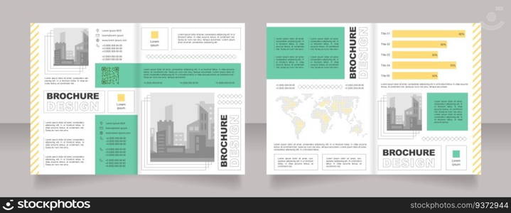 Sustainable development bifold brochure template design. Revenue statistics. Flyers with qr code. Half fold booklet mockup set with copy space for text. Editable 2 paper page leaflets. Arial font used. Sustainable development bifold brochure template design