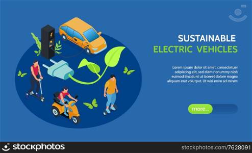 Sustainable electric vehicles isometric web banner with growing from plug green twig symbol blue background vector illustration