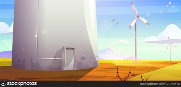 Sustainable energy farm with wind turbines. Vector cartoon illustration of alternative power generation with summer landscape with base of windmill tower and mountains. Sustainable energy farm with wind turbines