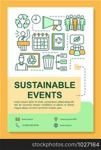 Sustainable event poster template layout. Environment protection meeting. Banner, booklet, leaflet print design with linear icons. Zero waste event. Vector brochure page layouts for advertising flyers