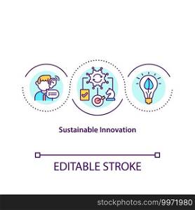 Sustainable innovation concept icon. Integration of consumer ideas into the innovation process of company idea thin line illustration. Vector isolated outline RGB color drawing. Editable stroke. Sustainable innovation concept icon