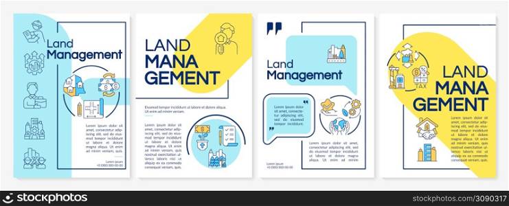 Sustainable land management blue and yellow brochure template. Construction. Leaflet design with linear icons. 4 vector layouts for presentation, annual reports. Questrial, Lato-Regular fonts used. Sustainable land management blue and yellow brochure template