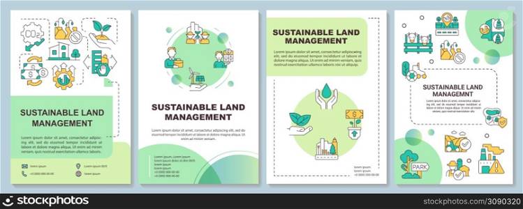 Sustainable land management principles green brochure template. Leaflet design with linear icons. 4 vector layouts for presentation, annual reports. Arial-Bold, Myriad Pro-Regular fonts used. Sustainable land management principles green brochure template