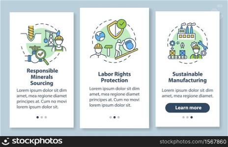 Sustainable manufacture onboarding mobile app page screen with concepts. Responsible corporation walkthrough 3 steps graphic instructions. UI vector template with RGB color illustrations. Sustainable manufacture onboarding mobile app page screen with concepts