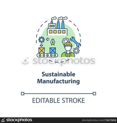 Sustainable manufacturing concept icon. Ecoological factory production. Responsible development idea thin line illustration. Vector isolated outline RGB color drawing. Editable stroke. Sustainable manufacturing concept icon