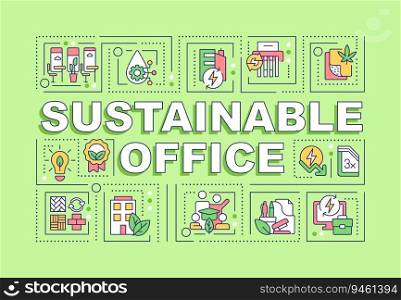 Sustainable office text concept with various icons on green monochromatic background, 2D vector illustration.. Sustainable office text with linear icons