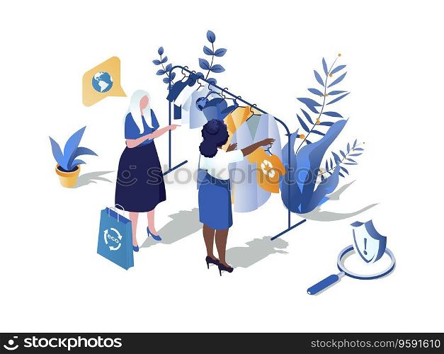 Sustainable shopping concept 3d isometric web scene. People choosing environmentally friendly shop and buying eco clothes with recycling fabric textile. Vector illustration in isometry graphic design