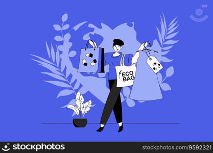 Sustainable shopping web concept with character scene in flat design. People choosing eco friendly shop, buying clothes with recycling textile. Vector illustration for social media marketing material.