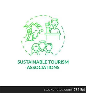 Sustainable tourism associations concept icon. Best sustainable tourism practices. Making nature areas popular idea thin line illustration. Vector isolated outline RGB color drawing. Sustainable tourism associations concept icon