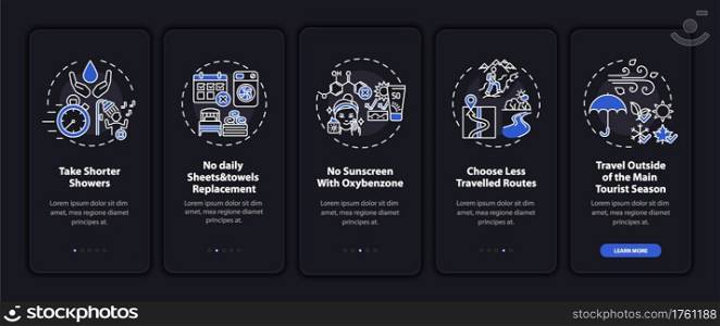 Sustainable tourism ideas onboarding mobile app page screen with concepts. Shorter showers walkthrough 5 steps graphic instructions. UI, UX, GUI vector template with linear night mode illustrations. Sustainable tourism ideas onboarding mobile app page screen with concepts