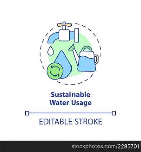 Sustainable water usage concept icon. Circular economy essential abstract idea thin line illustration. Water management. Isolated outline drawing. Editable stroke. Arial, Myriad Pro-Bold fonts used. Sustainable water usage concept icon