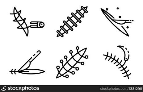 Suture icons set. Outline set of suture vector icons for web design isolated on white background. Suture icons set, outline style