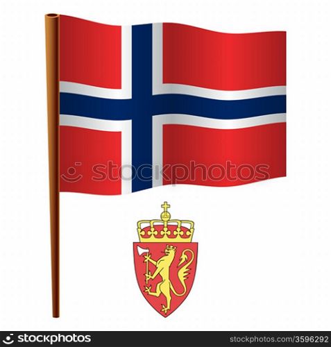 svalbard wavy flag and coat of arm against white background, vector art illustration, image contains transparency