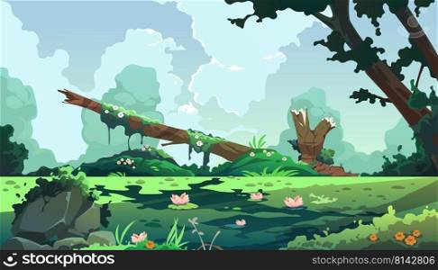 Sw&cartoon landscape. Forest background with marsh and lake, cartoon fantasy pond with moss and reed plants. Vector game illustration. Tree trunks and bog grass with lotus flowers. Sw&cartoon landscape. Forest background with marsh and lake, cartoon fantasy pond with moss and reed plants. Vector game illustration