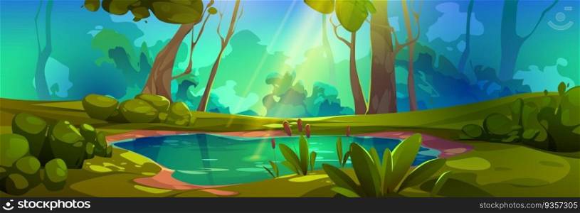 Sw&in forest vector game landscape background. Green fantasy lake water with reed scene. Wild nature fairytale environment for adventure scene with sunlight beam in summer concept with nobody.. Sw&in forest vector game landscape background