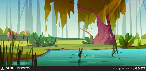 Sw&in forest with reed cartoon vector scene. Lake water with marsh plant on shore landscape illustration. Nobody in outdoor park environment with green willow tree stem and light ray on lawn. Sw&in forest with reed cartoon vector scene