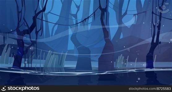 Sw&in night forest with creepy trees, vines and mysterious haze floating over deep water. Nature landscape with marsh in wood. Game background, fantasy mystic wild pond, Cartoon vector illustration. Sw&in night forest with creepy trees, wood