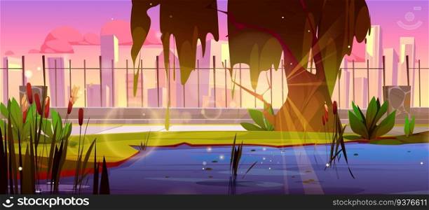 Sw&in sunset city park with reed and grass cartoon vector. Water pond near metal fence at evening environment nature scenery. Outdoor panoramic landscape witn pink sky, sun beam and urban skyline. Sw&in sunset city park with reed and grass