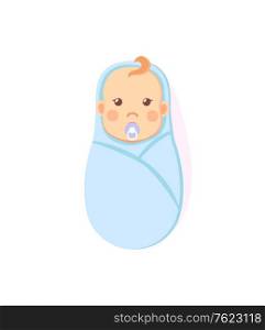 Swaddled baby boy with nipple isolated on white. Vector newborn 1 month infant in diaper, toddler son in cartoon style, milestones first days of person. Swaddled Baby Boy with Nipple Isolated on White