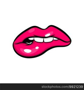 Swag dare pink red woman lips in pop art style isolated on white background. Cartoon girl make up vector illustration. Sexy pop art lips sticker with. Vintage cartoon pop art of girl pink lips.