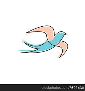 Swallow bird with outstretched wings isolated symbol of peace. Vector yellow and blue martlet, cartoon hirundo. Flying swallow bird isolated logo