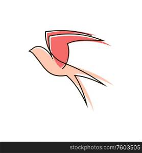 Swallow silhouette isolated flying bird in pink colors. Vector elegant feathered animal in flight. Pink flying swallow isolated bird