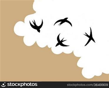 swallows in sky on cloudy background, vector illustration