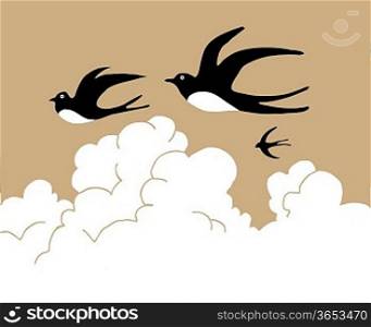 swallows in sky on cloudy background, vector illustration