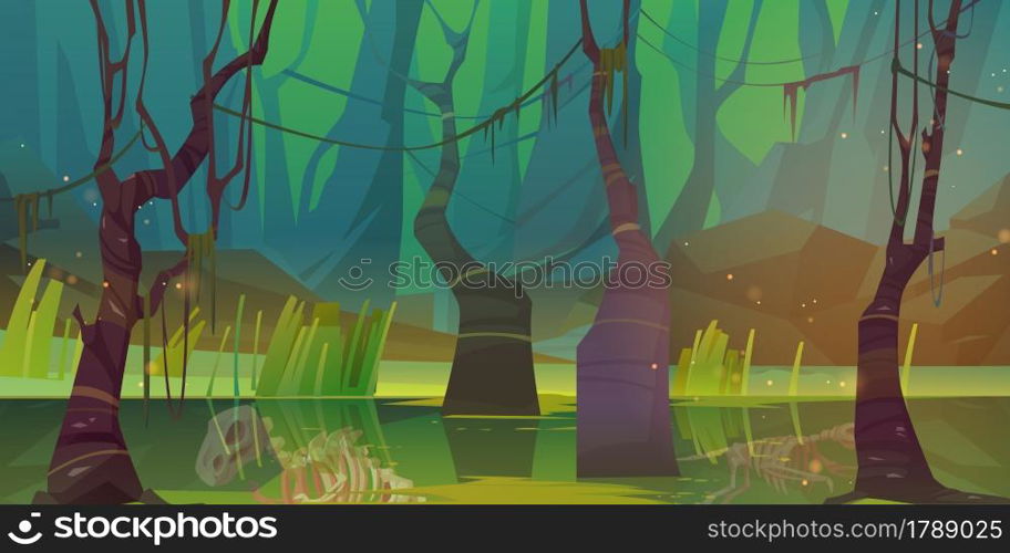 Swamp in forest with dinosaur skeleton fossils float in oozy green water. Nature landscape with marsh in deep wood. Computer game background, fantasy mystic with wild pond, Cartoon vector illustration. Swamp in forest with dinosaur skeleton fossils