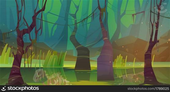 Swamp in forest with dinosaur skeleton fossils float in oozy green water. Nature landscape with marsh in deep wood. Computer game background, fantasy mystic with wild pond, Cartoon vector illustration. Swamp in forest with dinosaur skeleton fossils