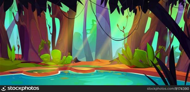 Swamp in jungle forest cartoon vector game background. Tropical scene with green water lake environment illustration. Fantasy bog with tree and liana, sunny summer day. Amazon rainforest. Swamp in jungle forest vector game background