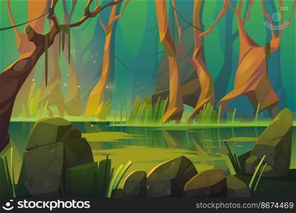 Swamp in tropical forest, fairy landscape with marsh, trees trunks, bog grass and rocks. Vector cartoon illustration of wild jungle, rain forest with river or swamp. Vector landscape with swamp in tropical forest
