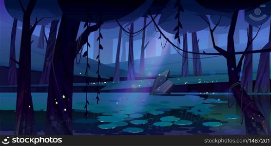 Swamp in tropical forest with fireflies at night. Fairy landscape with marsh, water lilies, trees trunks and rocks. Vector cartoon illustration of wetland, wild jungle with river or pond. Vector landscape with swamp in night forest