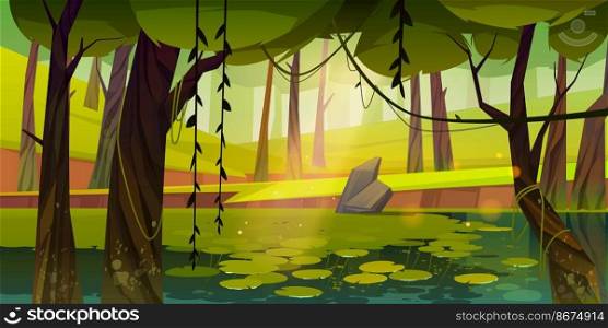 Swamp or lake with water lilies in forest. Nature landscape with marsh in deep wood. Computer game background, fantasy mystic scenery view with wild pond covered with ooze, Cartoon vector illustration. Swamp or lake with water lilies in forest, nature
