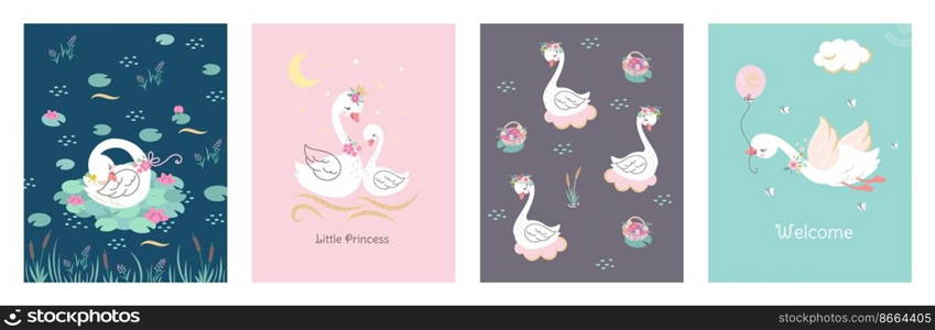 Swan poster design. Cute swans cover template, sweet baby welcome party postcards. Wild bird with balloon, princess birth nowaday vector invitation. Illustration of cute swan poster cartoon. Swan poster design. Cute swans cover template, sweet baby welcome party postcards. Wild bird with balloon, princess birth nowaday vector invitation