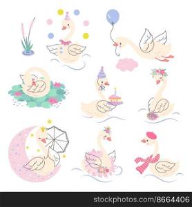 Swan princess. Cartoon swans, vintage watercolor doodle birds and flowers. Cute baby stickers with animal, birthday nursery nowaday vector characters princess swan collection illustration. Swan princess. Cartoon swans, vintage watercolor doodle birds and flowers. Cute baby stickers with animal, birthday nursery nowaday vector characters