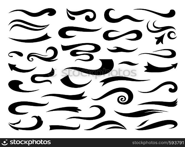 Swashes and swooshes. Curly swirl elements, retro typography underline design template, font lettering accent. Vector sports vintage black logo set. Swashes and swooshes. Curly swirl elements, retro typography underline design template, font lettering accent. Vector vintage logo set