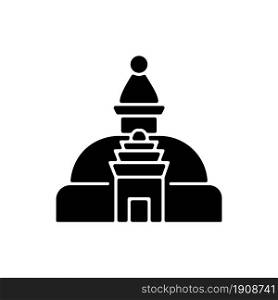 Swayambhu stupa black glyph icon. Monkey temple. Cubical structure with Buddha eyes. Nepalese holy shrine for prayer. Nepal architecture. Silhouette symbol on white space. Vector isolated illustration. Swayambhu stupa black glyph icon