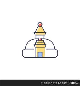 Swayambhu stupa RGB color icon. Monkey temple. Cubical structure with painted Buddha eyes. Nepalese holy shrine for prayer. Nepal architecture. Isolated vector illustration. Simple filled line drawing. Swayambhu stupa RGB color icon