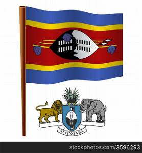 swaziland wavy flag and coat of arm against white background, vector art illustration, image contains transparency