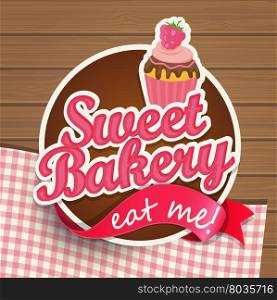 Sweat bakery vintage sticer with ribbon and wooden background, vector illustration.