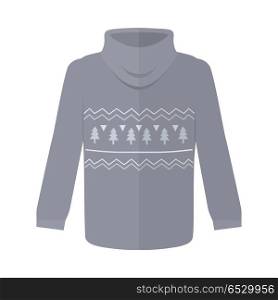 Sweater or Jumper with Fir Tree Icons Isolated. Sweater or jumper with fir tree icons isolated on white. Winter warm handmade sweater with throat, knitted jumper. Sweater icon. Unisex women men sweater in flat style design. Vector illustration
